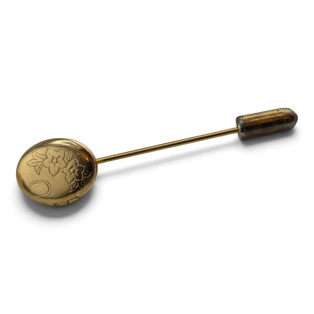 Vintage Gold Tone Floral Locket Stick Pin Hinged Photo Locket Hat Lapel Pin